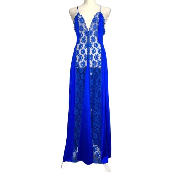 Vintage 70s Val Mode Blue Lace Full Length Spaghetti Strap Nightgown Medium